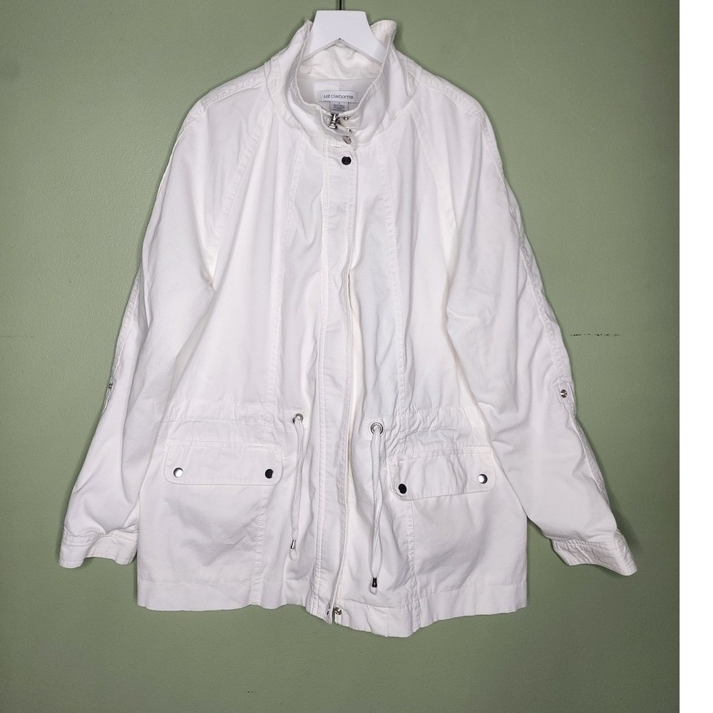 Liz Claiborne White Drawstring Anorak Jacket Utility Cargo Pockets Roll Tab L